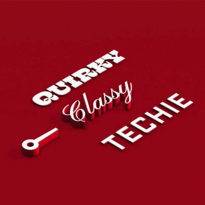 3D text on a red background spells out "QUIRKY," "Classy," and "TECHIE" in bold white letters. A key is depicted near "QUIRKY," enhancing the playful tone.