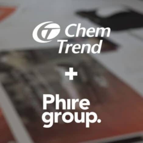 White text reads "Chem Trend + Phire Group" on a blurred background of papers and workspace, suggesting collaboration. Tone is professional and modern.