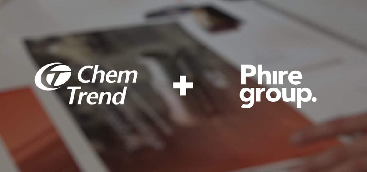 White text reads "Chem Trend + Phire Group" on a blurred background of papers and workspace, suggesting collaboration. Tone is professional and modern.