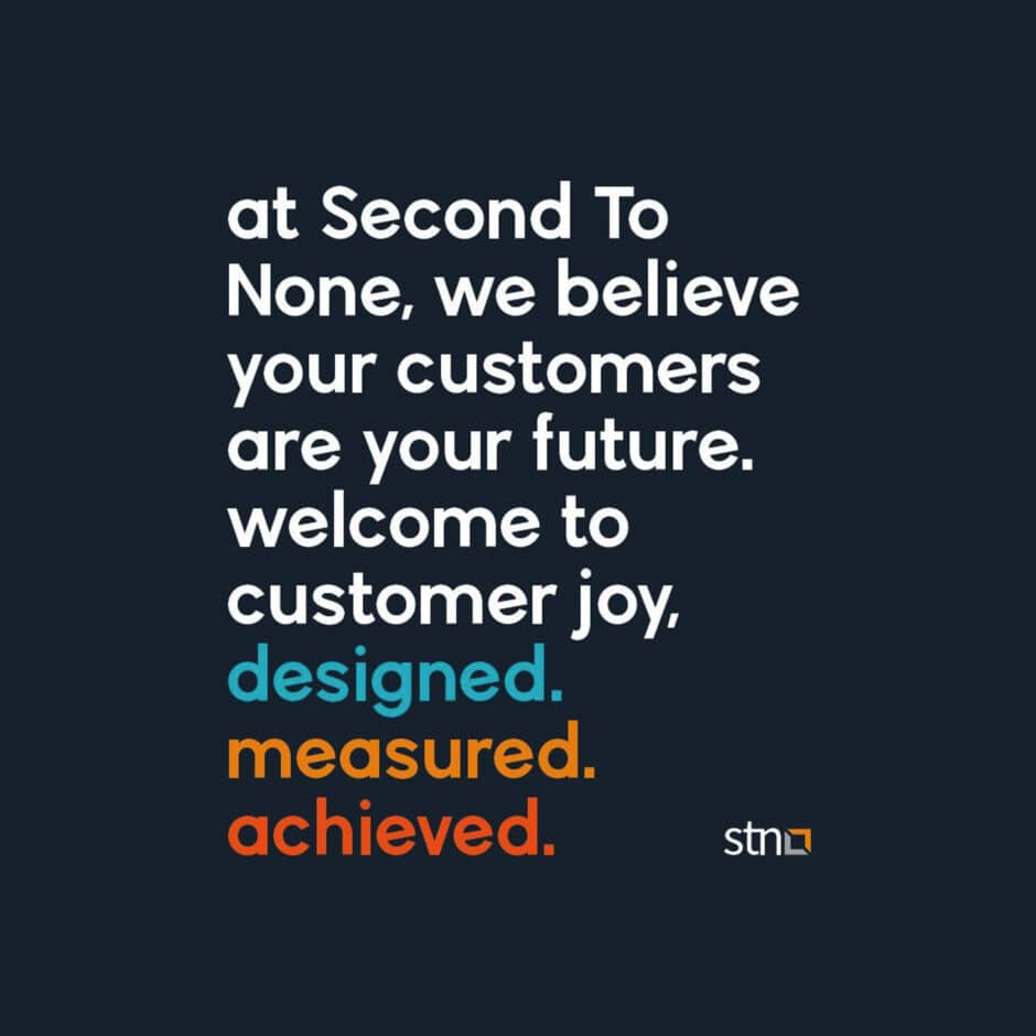 The image features a motivational text on a dark background, highlighting the importance of customer focus. Keywords "designed," "measured," and "achieved" are emphasized in vibrant colors to convey a tone of innovation and success. A small logo is present at the bottom right.