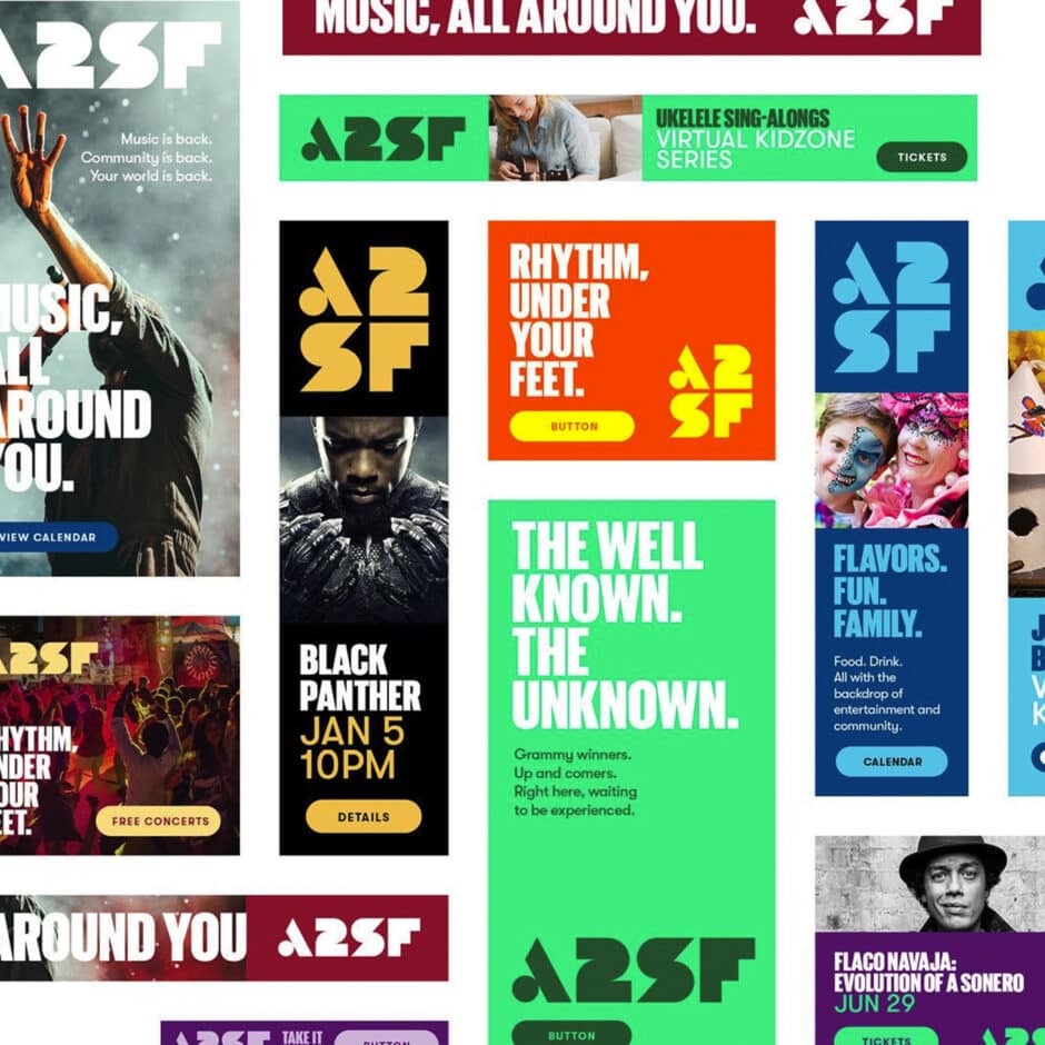 Collage of vibrant posters featuring event details for A2SF. Includes bold texts like “Music, All Around You” and a Black Panther movie ad. Keywords: music, events, colorful.