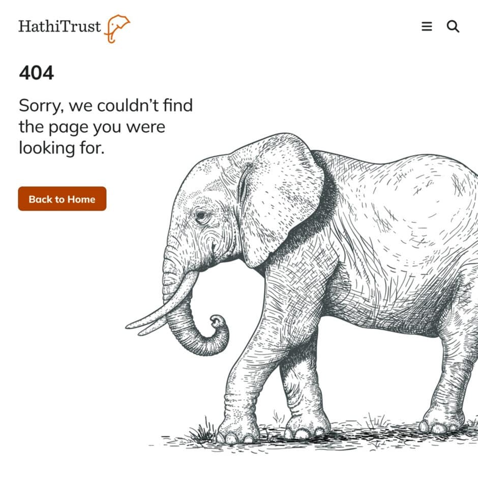 404 error page with a detailed sketch of an elephant in a walking pose. HathiTrust logo is at the top. A "Back to Home" button is visible.