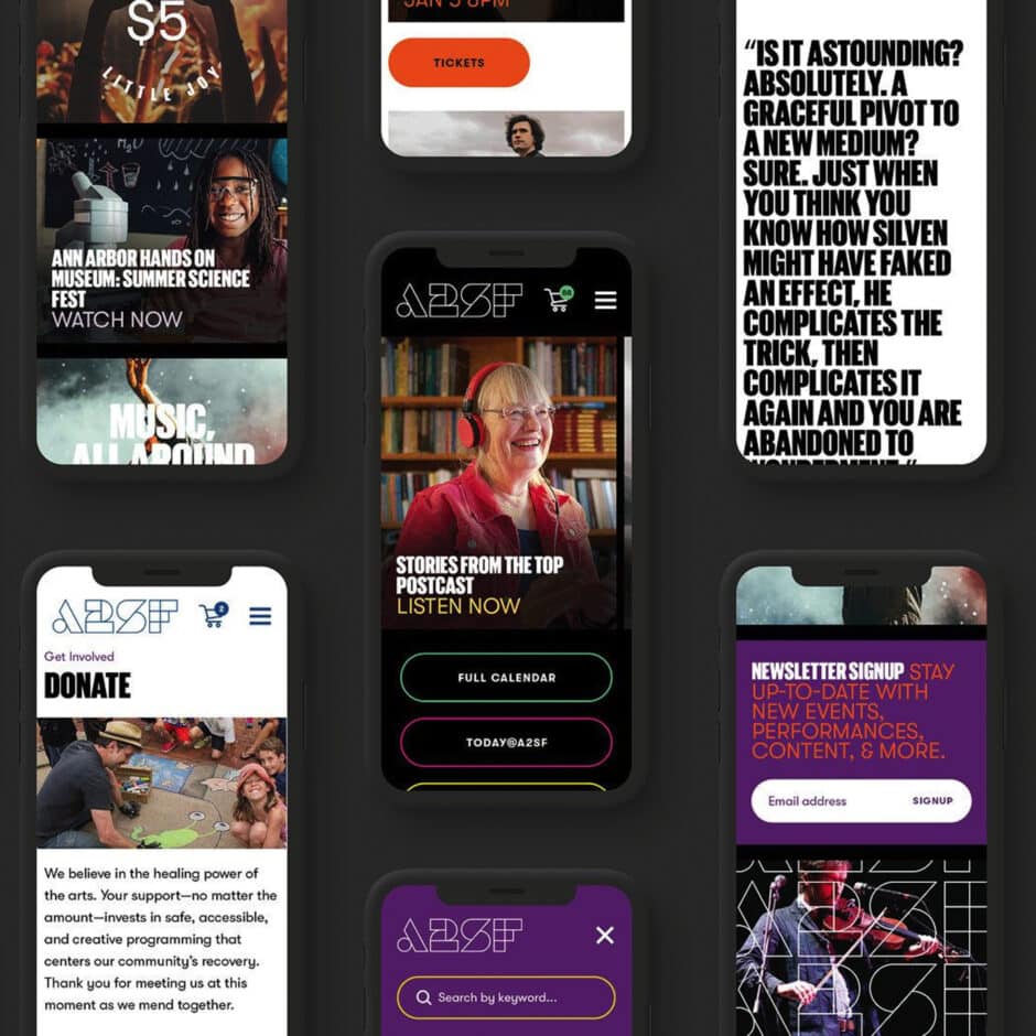 A collage of six mobile screens showcases an arts festival app. Features include donation info, event tickets, newsletter signup, and podcast highlights. The tone is vibrant and engaging.