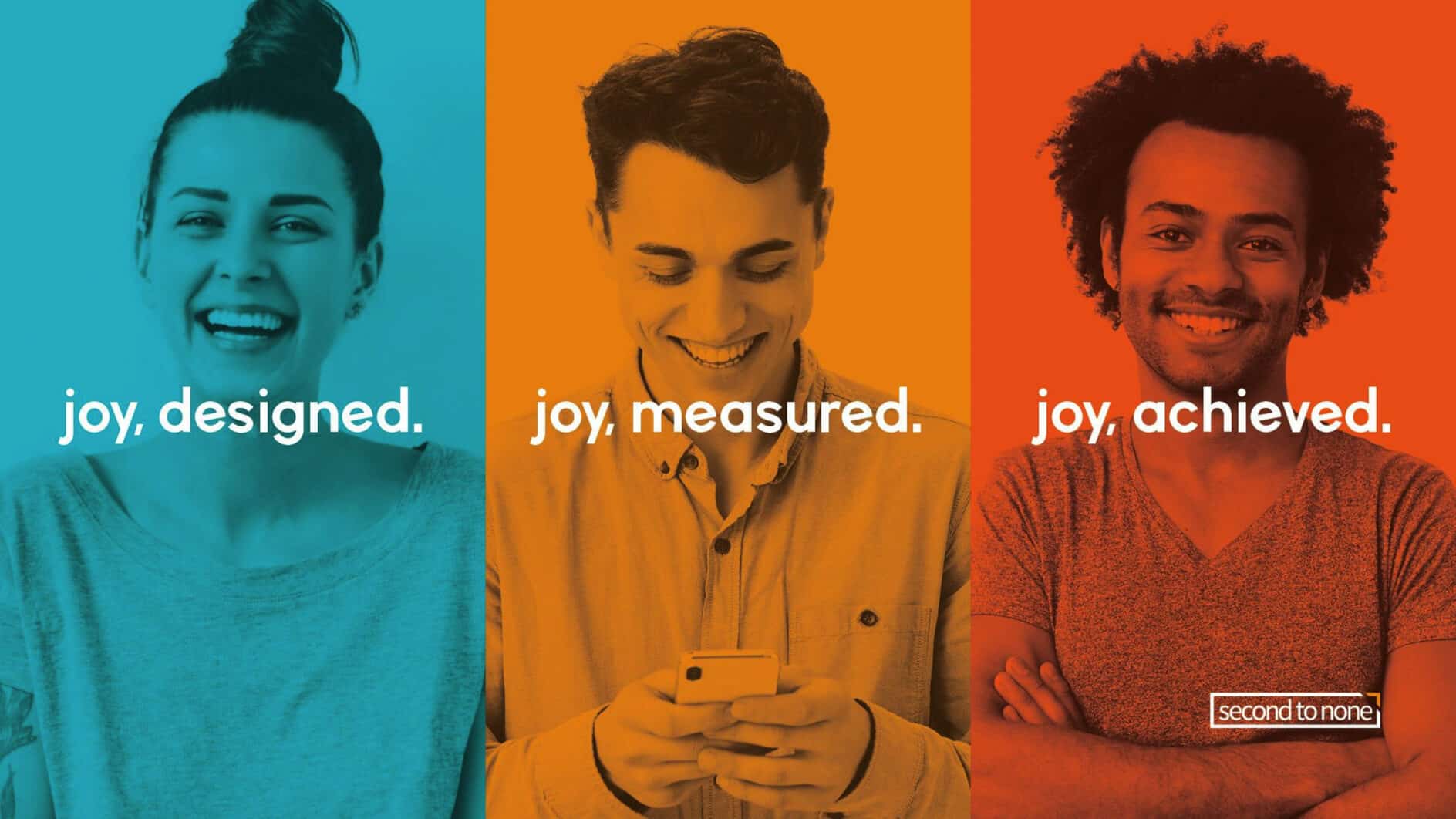 Three-panel image showing diverse individuals smiling, each with overlaid text: "joy, designed," "joy, measured," "joy, achieved." Bright, colorful tones convey positivity.