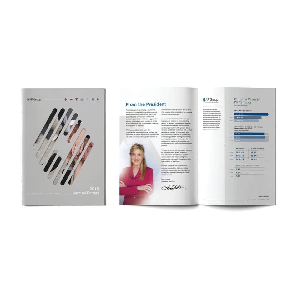 Cover and open pages of a corporate annual report by AF Group. Features gray cover with abstract design, message from president with photo, and financial charts.
