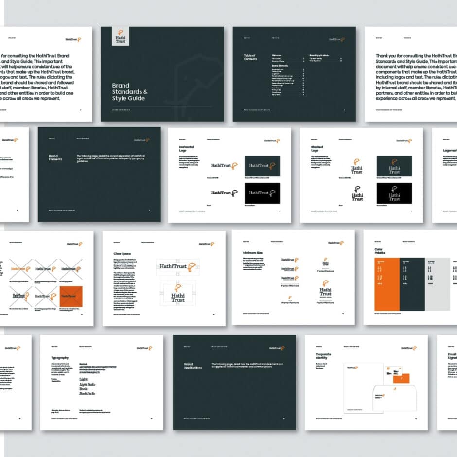 A grid of 18 pages from a brand style guide, featuring text, logos, and color schemes, set against a clean, minimalist layout.