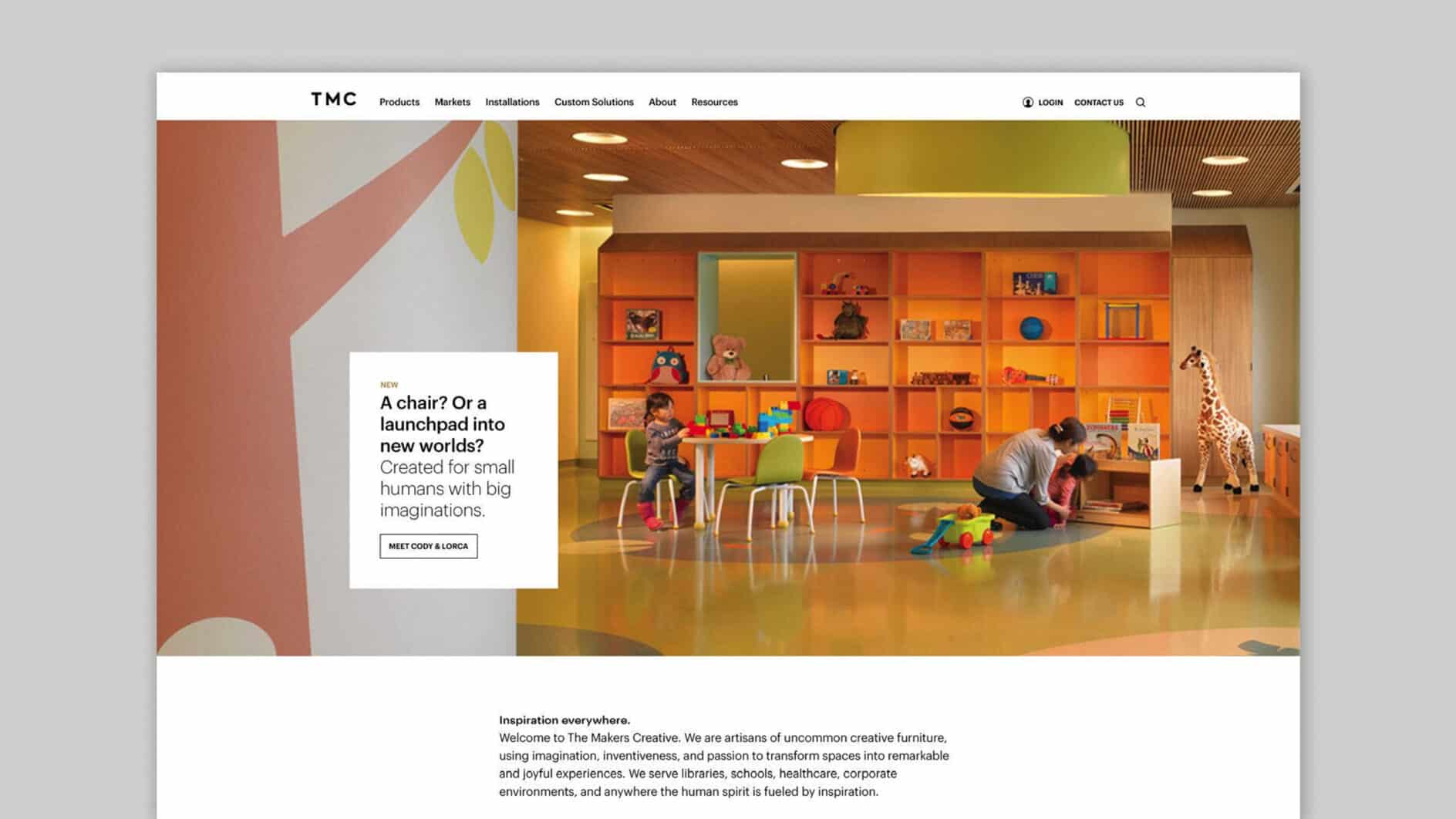 Alt text: "A bright, colorful playroom with orange shelving filled with toys and books. A child and an adult engage with toys on a glossy floor beside small tables and chairs. A large giraffe decoration stands near the wall. The atmosphere is playful and imaginative."