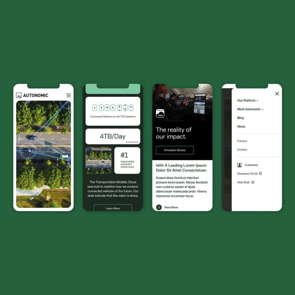 Four smartphone screens display various app interfaces on a green background. They feature navigation menus, data analytics, and imagery of autonomous vehicles.