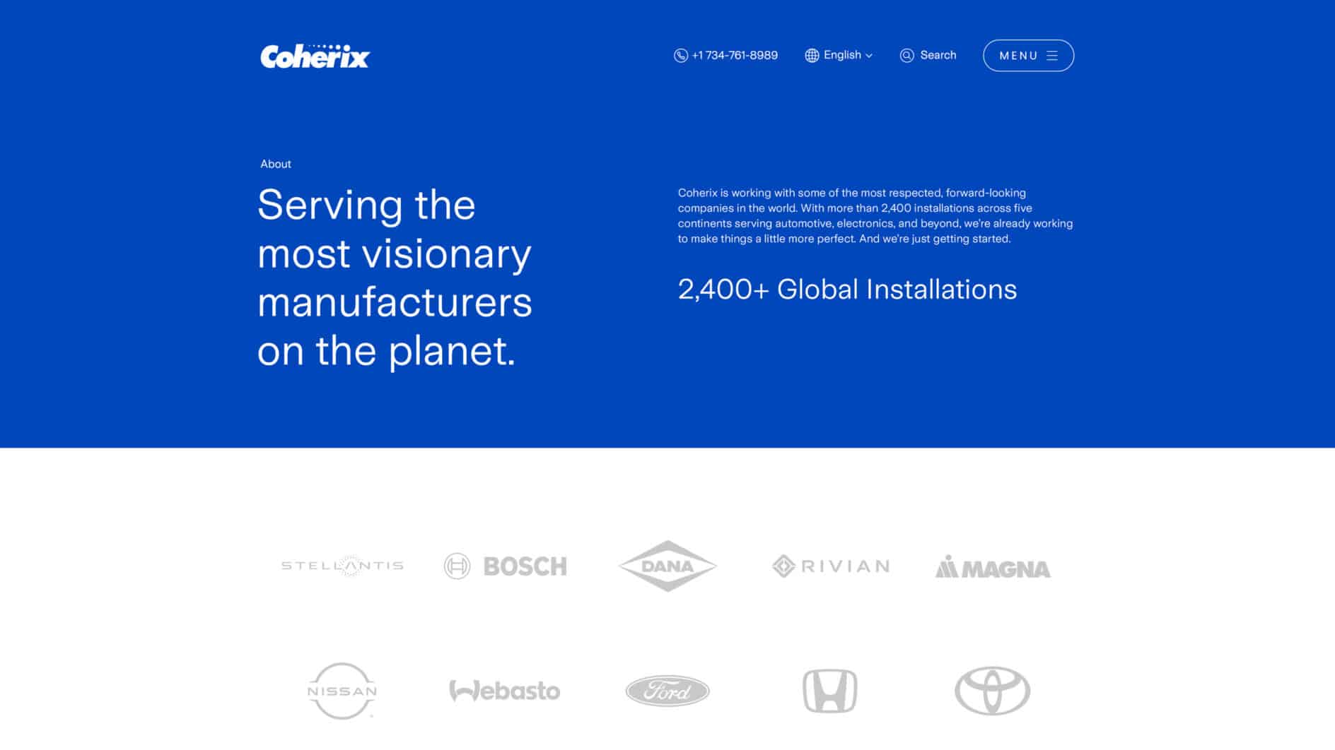 Blue and white webpage with Coherix logo and text promoting visionary manufacturers and 2,400+ installations. Logos of companies like Bosch and Ford below.