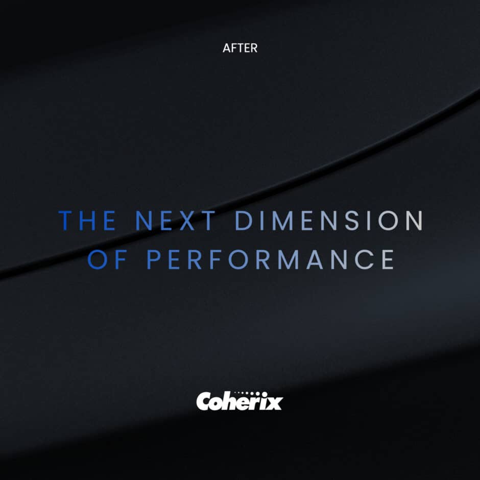 Dark abstract background with smooth curves. Centered text reads "THE NEXT DIMENSION OF PERFORMANCE" in blue and grey. "Coherix" at the bottom.