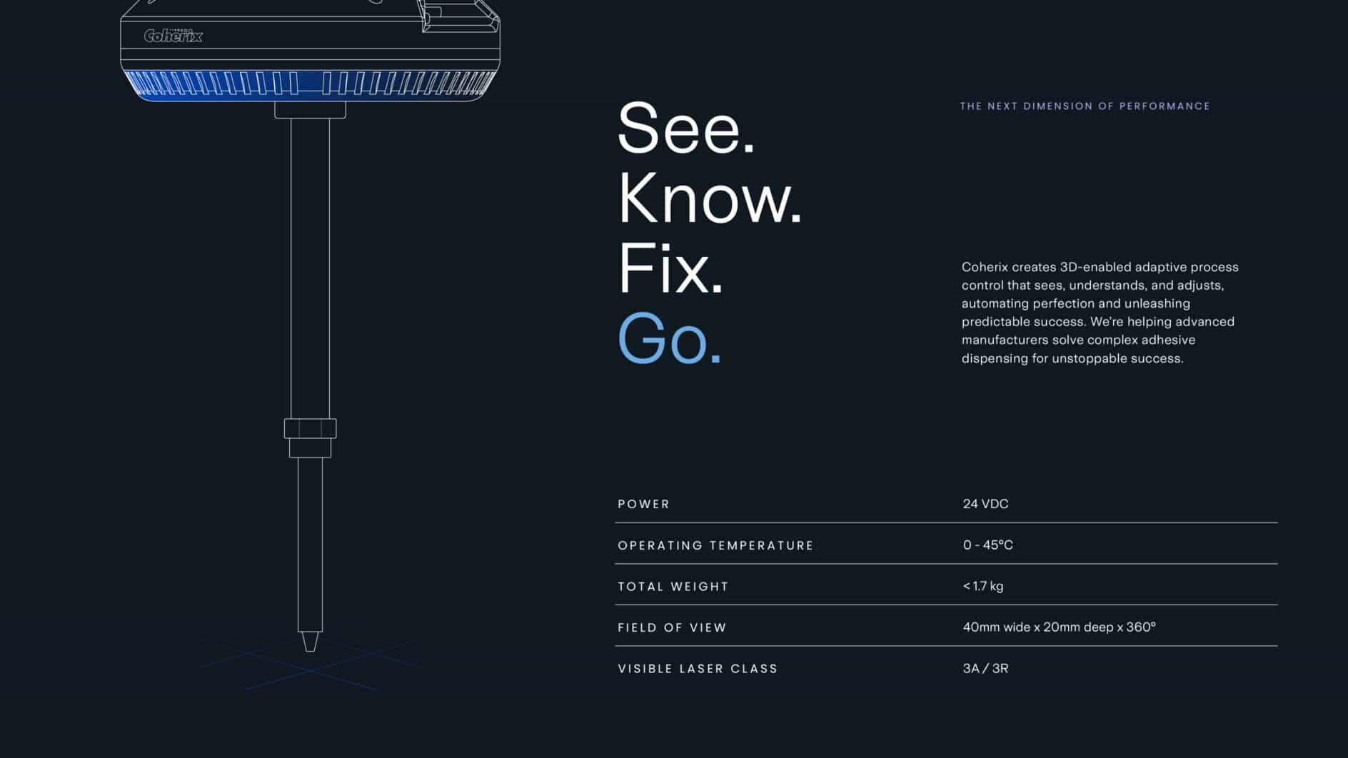 Technology advertisement featuring a sleek adaptive device. Bold text reads 'See. Know. Fix. Go.' with specs including power and weight on a dark background.