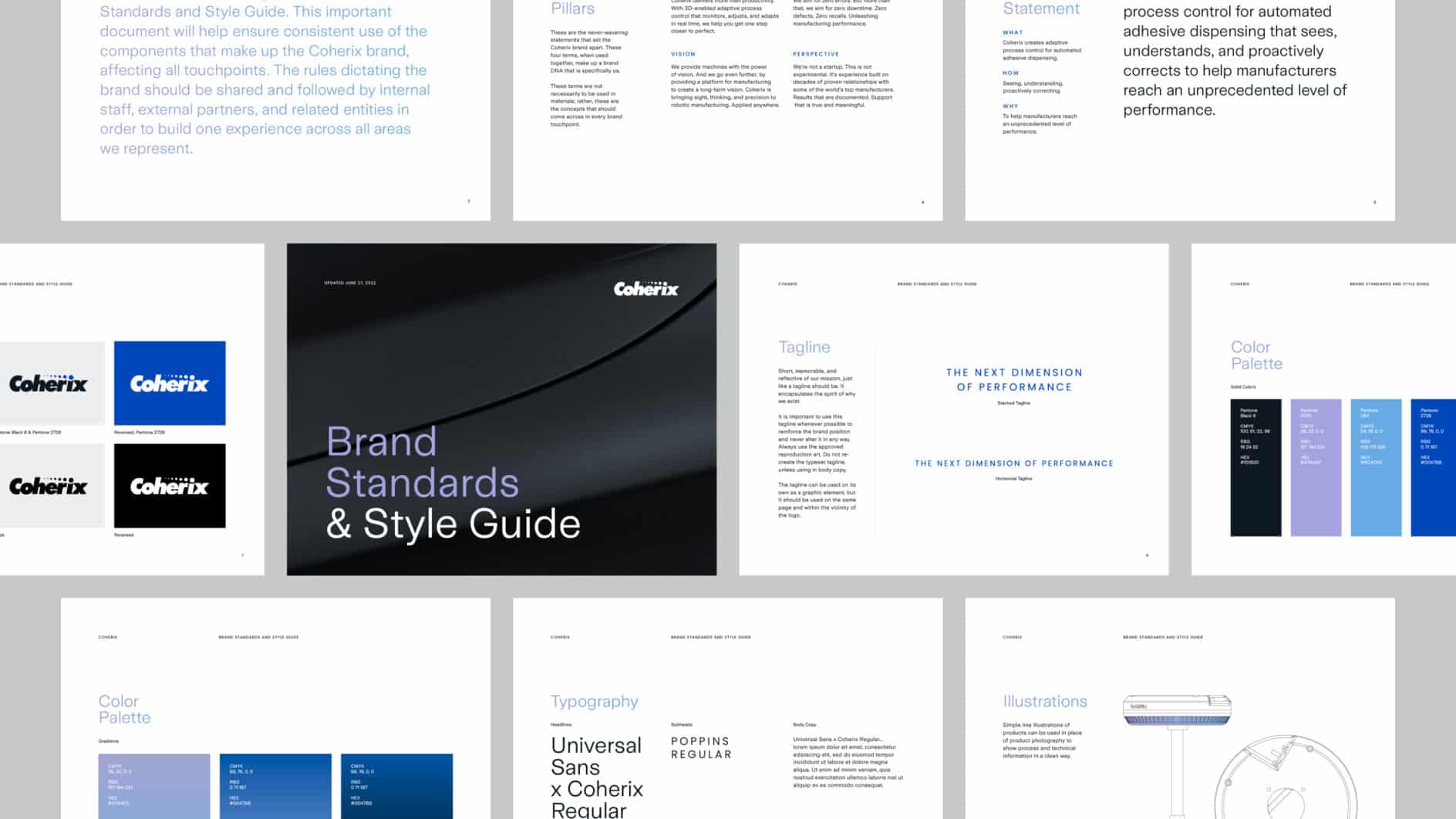 Grid of brand style guide pages with sections on logo usage, color palette, typography, and illustrations. Center page title reads 'Brand Standards & Style Guide' in bold text, over a dark, textured background.