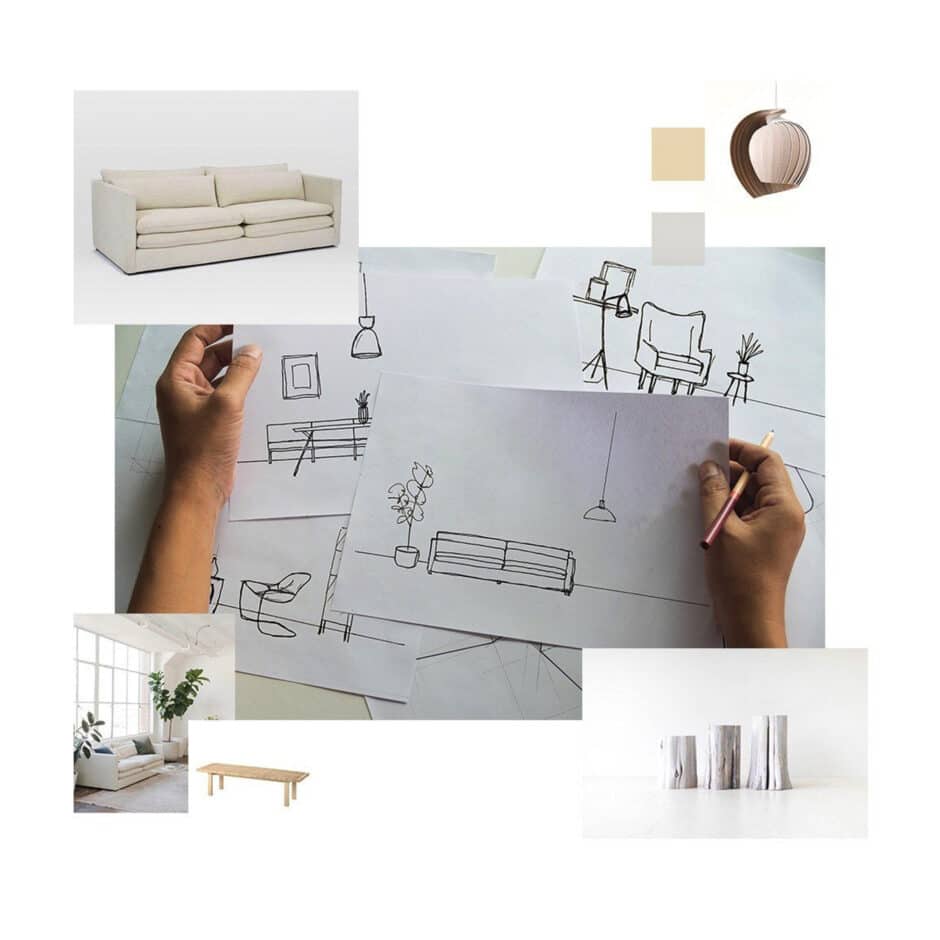 Hands sketching minimalist living room designs with furniture and decor inspirations. Includes images of a sofa, lamp, and room setups. Calm, creative tone.