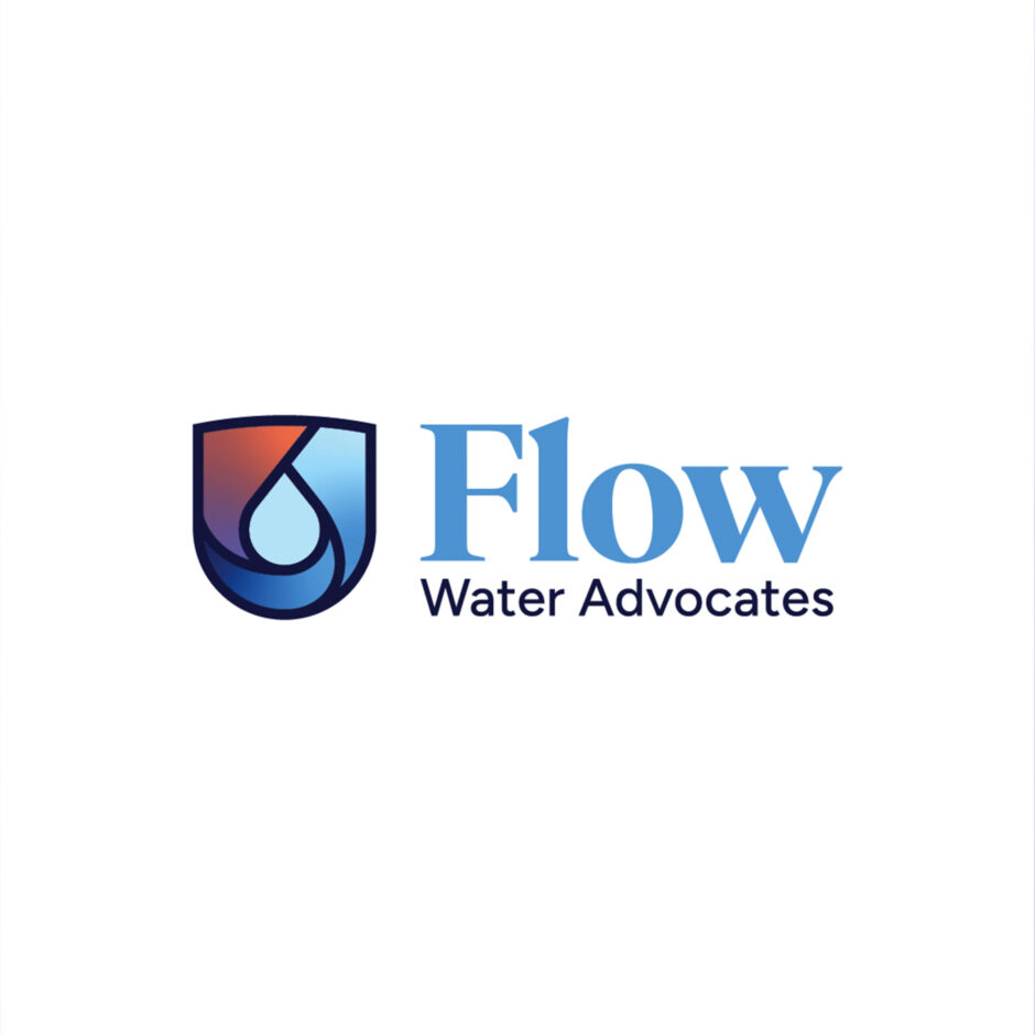 Logo of Flow Water Advocates: a stylized blue water droplet inside a shield with a gradient of orange to blue, symbolizing protection and conservation.