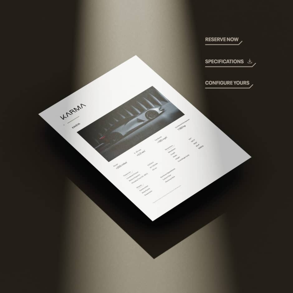 A sleek car brochure is spotlighted on a dark background. It features an image of a car and detailed specifications. Options include "Reserve Now" and "Configure Yours."