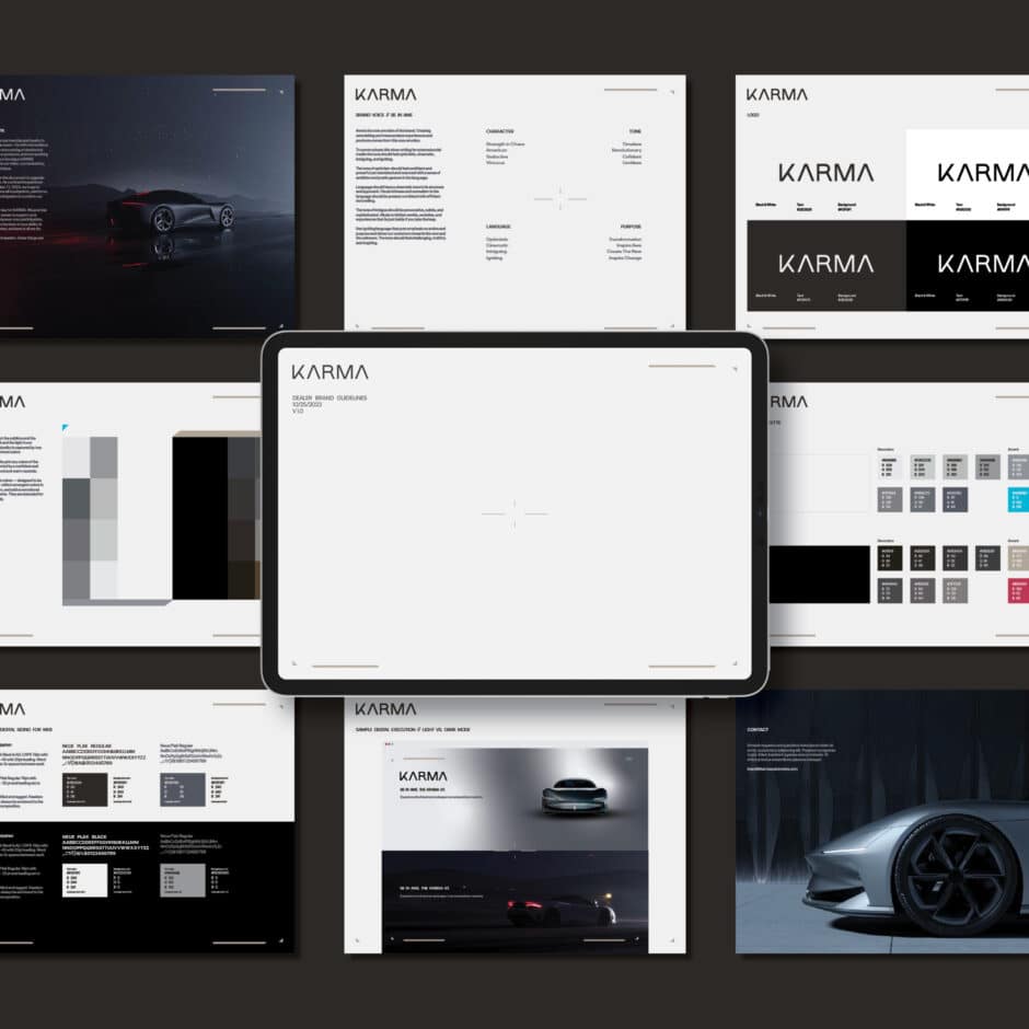 A grid of design mockups featuring a sleek car brand presentation. Central focus is an iPad displaying "Karma" design elements and brand guidelines.