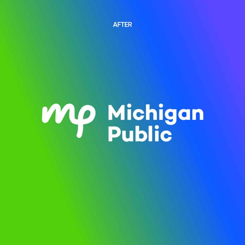 "Logo for 'Michigan Public' on a gradient background transitioning from green to blue. The text is in bold white font with 'mp' in a stylized script."