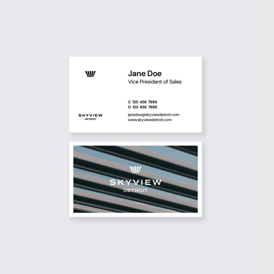 Business card featuring modern, minimalist design. The top card displays contact info for a Vice President of Sales, the bottom card shows "Skyview Detroit" logo over geometric lines.