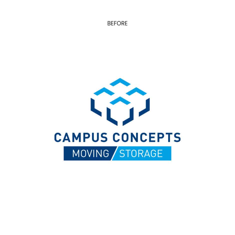 Logo reading 'Campus Concepts' with a geometric cube design above. Below, 'Moving/Storage' is in alternating dark and light blue bars.