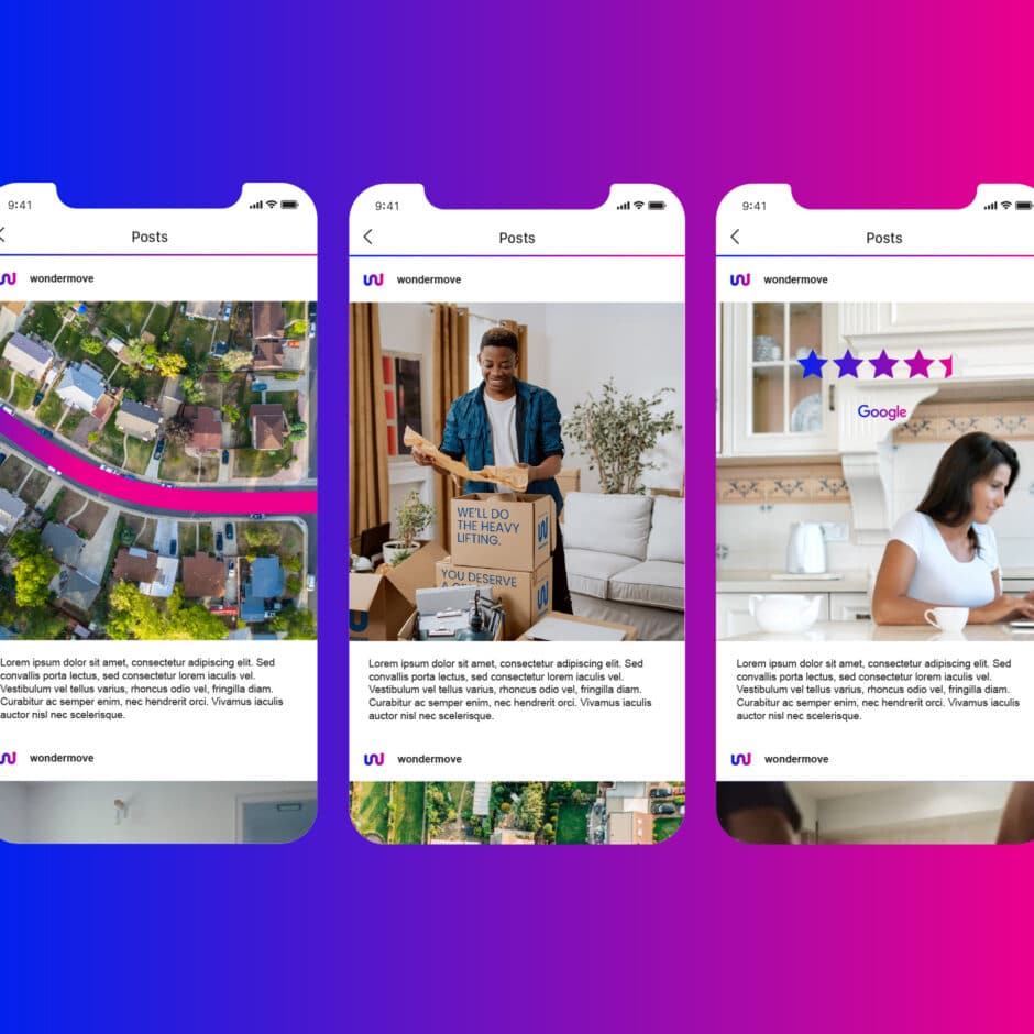 Three smartphone screens display posts from "wondermove." The left screen shows an aerial view of a neighborhood with a pink path. The center screen features a smiling person unpacking boxes in a bright living room. The right screen shows a woman using a laptop, with a 4-star rating. The background gradient is blue to pink, conveying a vibrant tone.