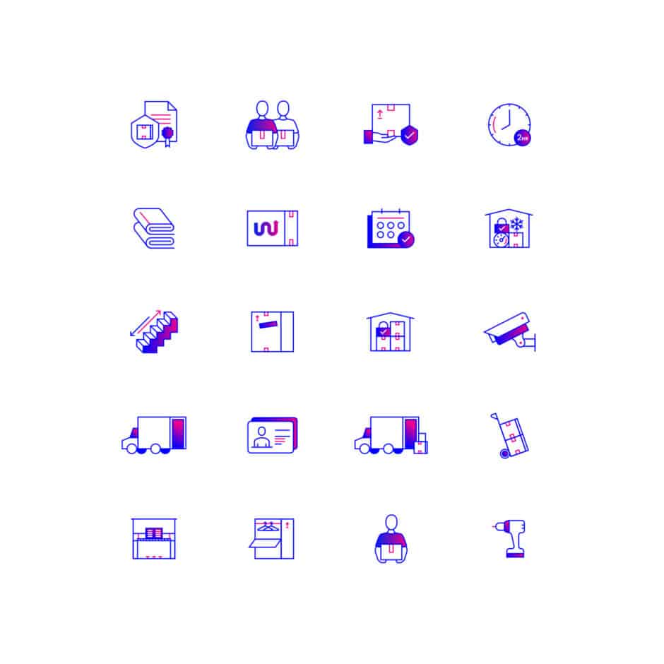 A grid of 20 icons in blue and purple, depicting concepts like delivery, security, and logistics. Icons include trucks, cameras, packages, and clocks.