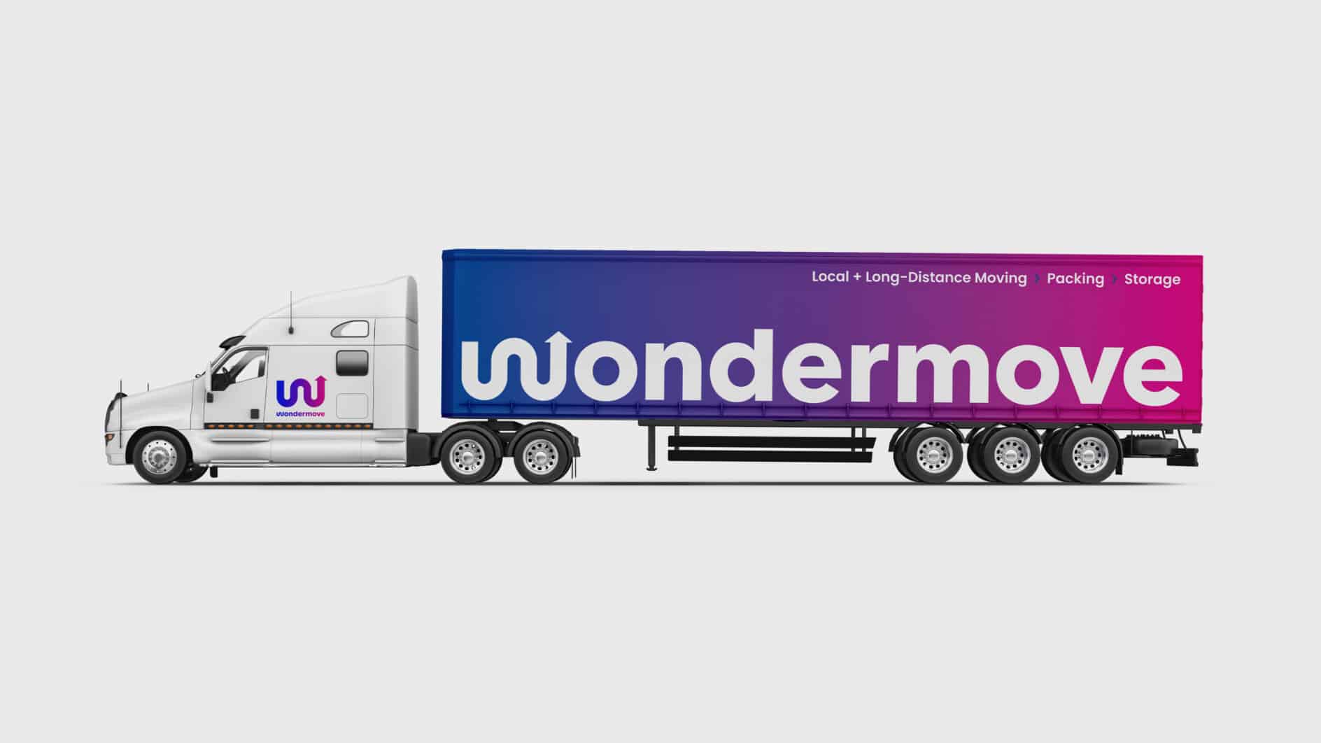 A white truck with a large trailer displays "Wondermove" in bold white letters on a blue to pink gradient. Keywords: moving, packing, storage.