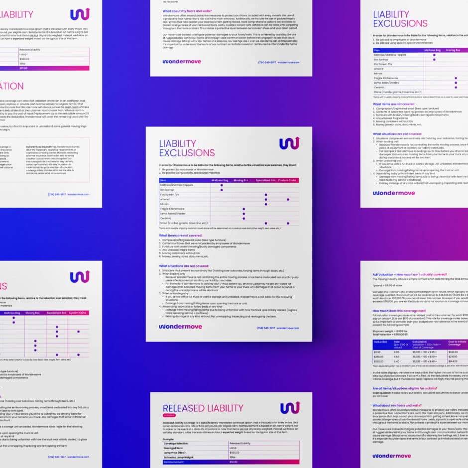 Several informative documents are displayed against a gradient purple background. Each document features text, tables, and the "Wondermove" logo, conveying a professional tone. Keywords: liability, exclusions, insurance.