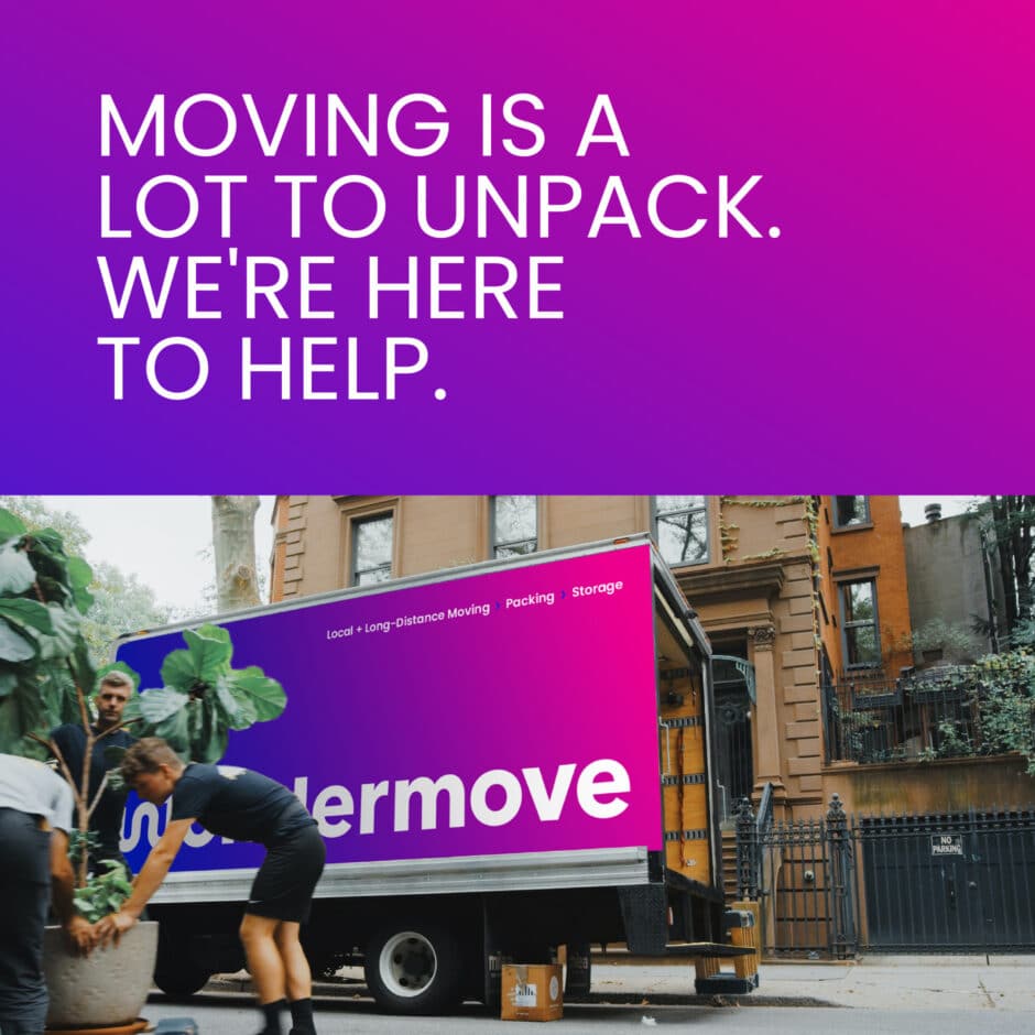 A vibrant moving truck with a purple-to-pink gradient and "Undermove" branding is parked on a city street. Text above reads, “Moving is a lot to unpack. We’re here to help.” People load a potted plant onto the truck, suggesting a supportive moving service.
