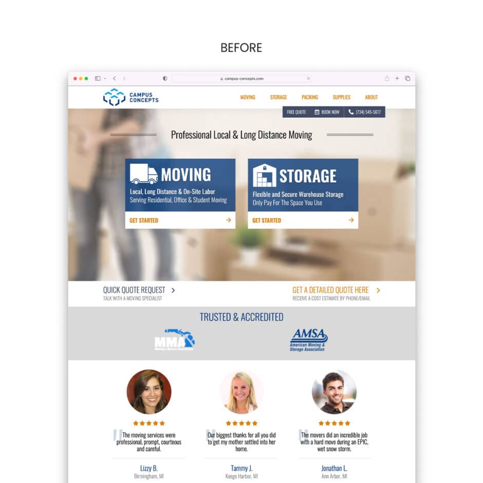 Webpage for "Campus Concepts" showing services for moving and storage. Features trust badges and customer reviews with positive feedback.