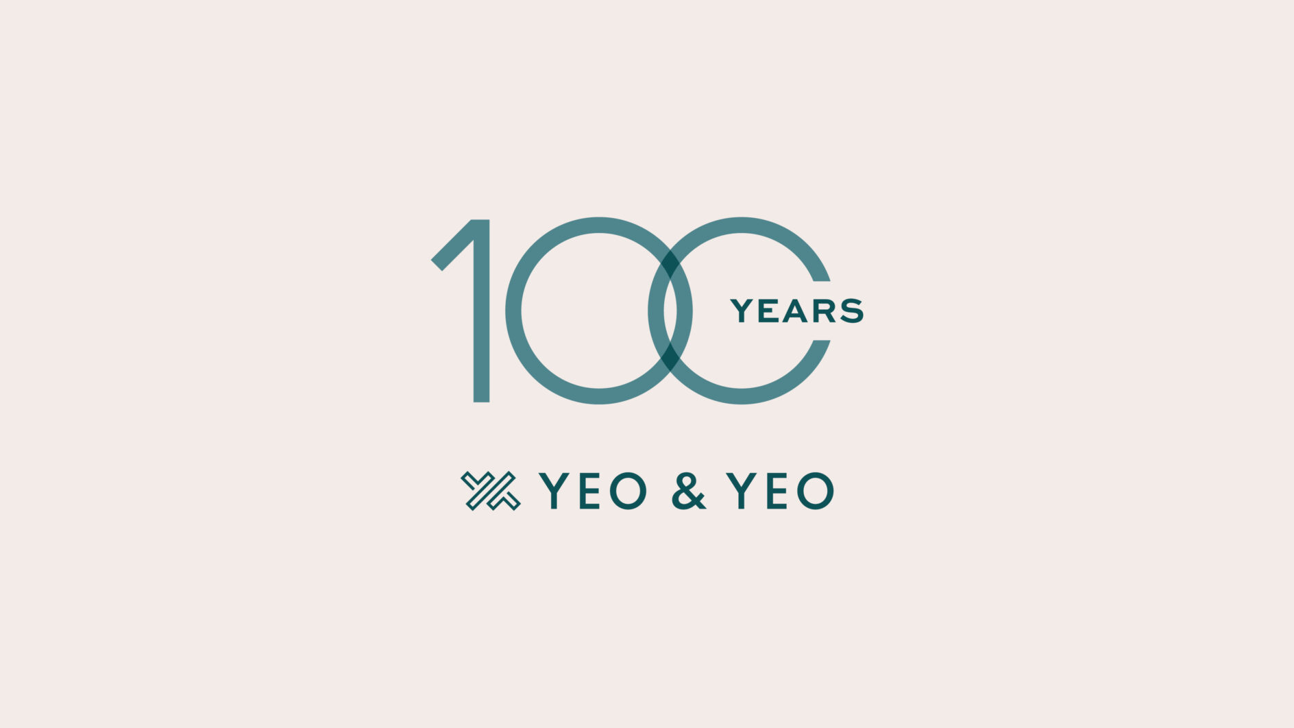 Blue-green text on beige background reads "100 Years" with overlapping circles and "Yeo & Yeo" below. Celebratory and professional tone.