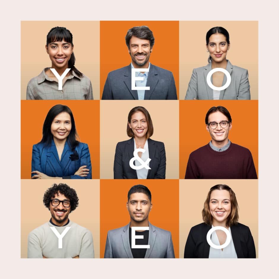 A grid of nine diverse people, each smiling against alternating beige and orange backgrounds. Overlaid letters spell “YEO & YEO” with a friendly, professional tone.
