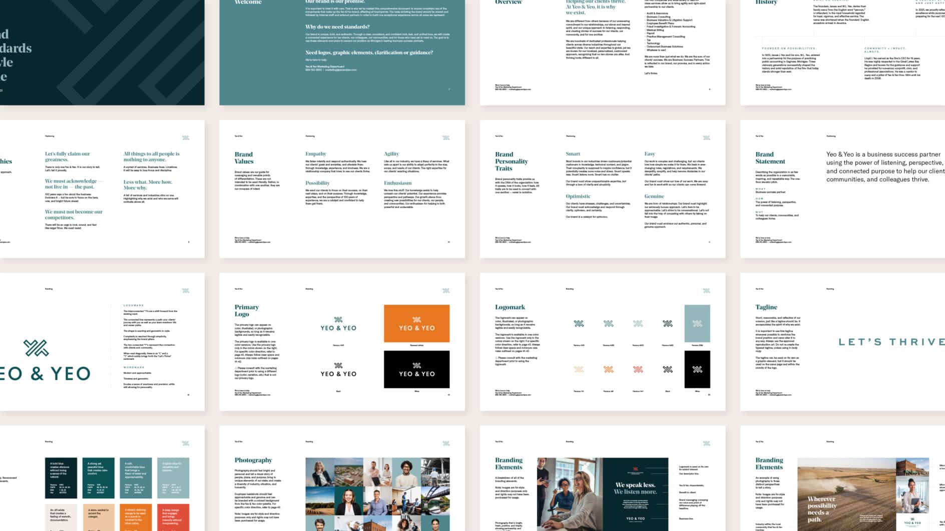 Alt text: "Grid layout displaying multiple pages of a branding guidelines document with text, color palettes, logo designs, and photos. Professional and organized tone."