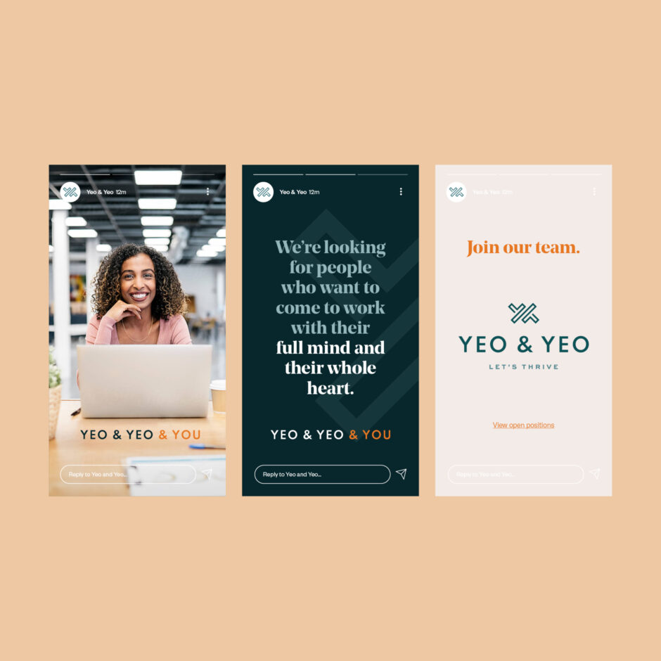 A three-part recruitment ad: First, a smiling woman at a laptop; second, text about working wholeheartedly; third, a call to join the "Yeo & Yeo" team.