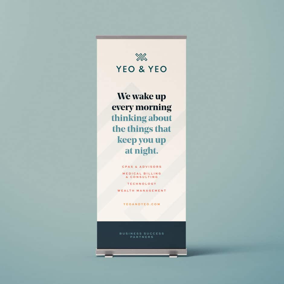 Banner with "Yeo & Yeo" logo and text: "We wake up every morning thinking about the things that keep you up at night," listing services. Professional tone.