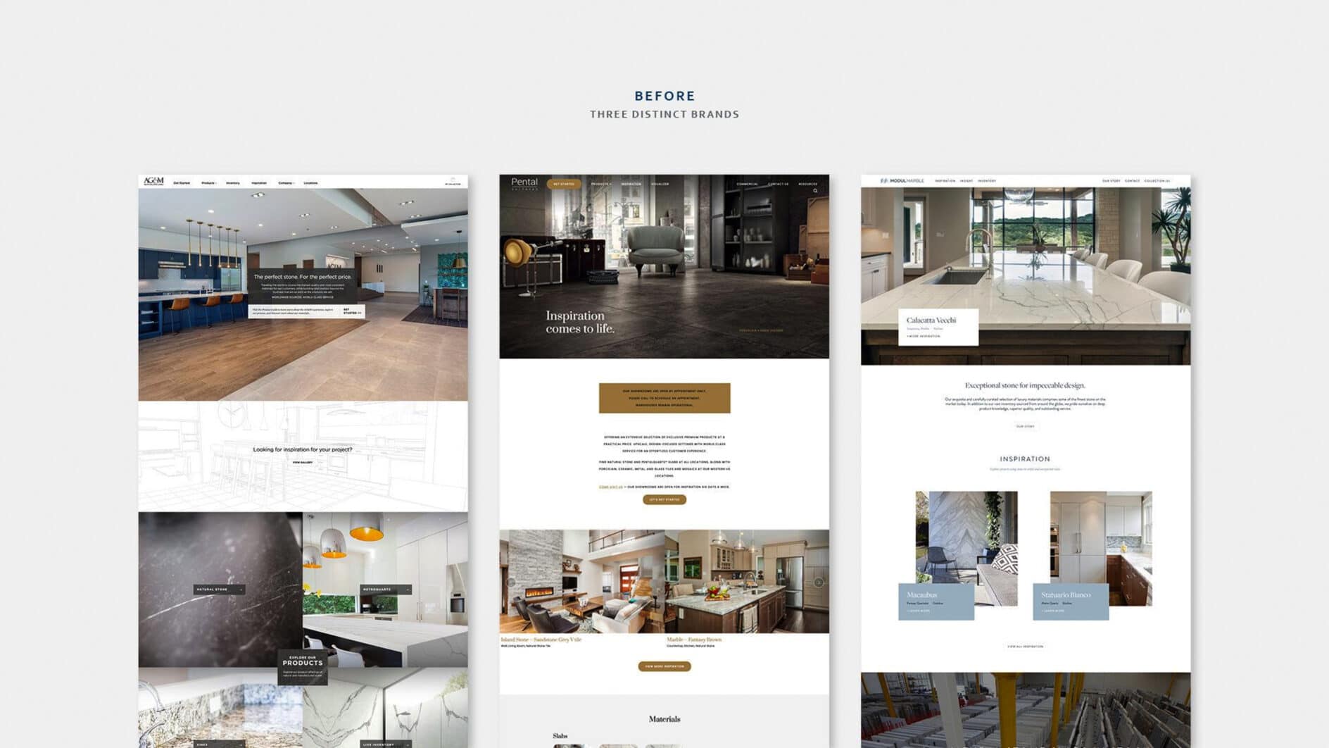 Three website homepage designs, each showcasing interiors with different styles. The left features a modern kitchen, the center has a cozy living room, and the right shows a sleek dining area.