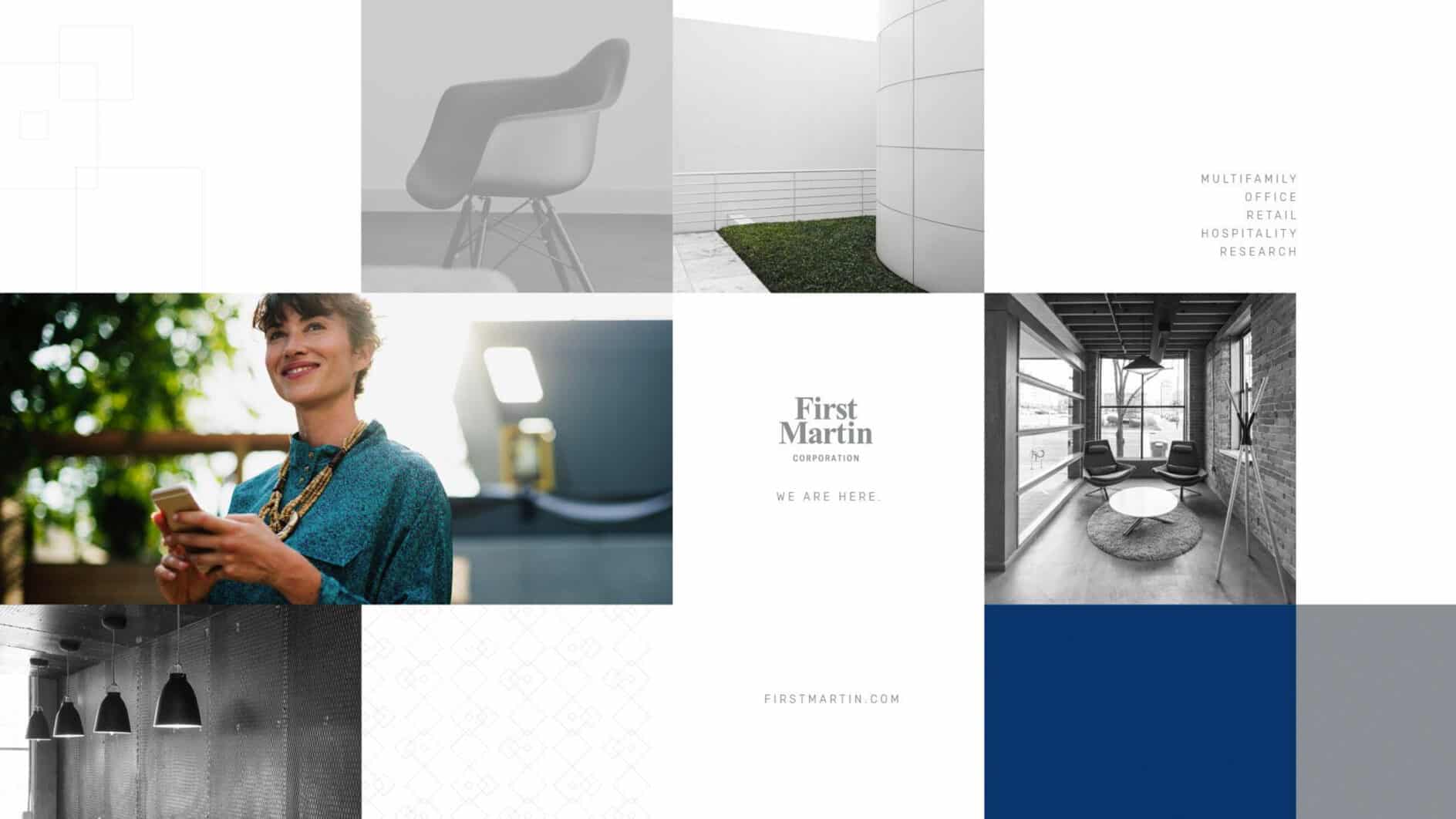 Collage with a modern chair, a white building exterior, a smiling woman with a drink, a minimal office, and text reading "First Martin Corporation."