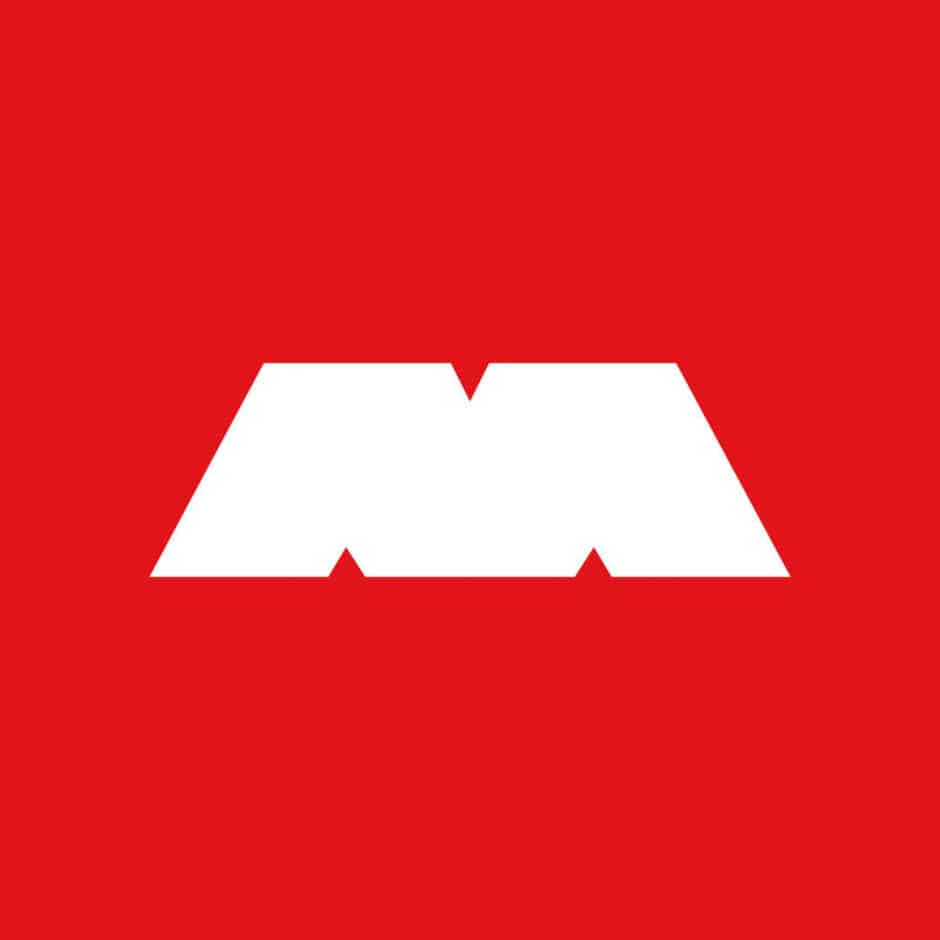 Red background with a bold white graphic resembling an abstract "M" shape in the center. The design is sharp and modern, conveying simplicity.