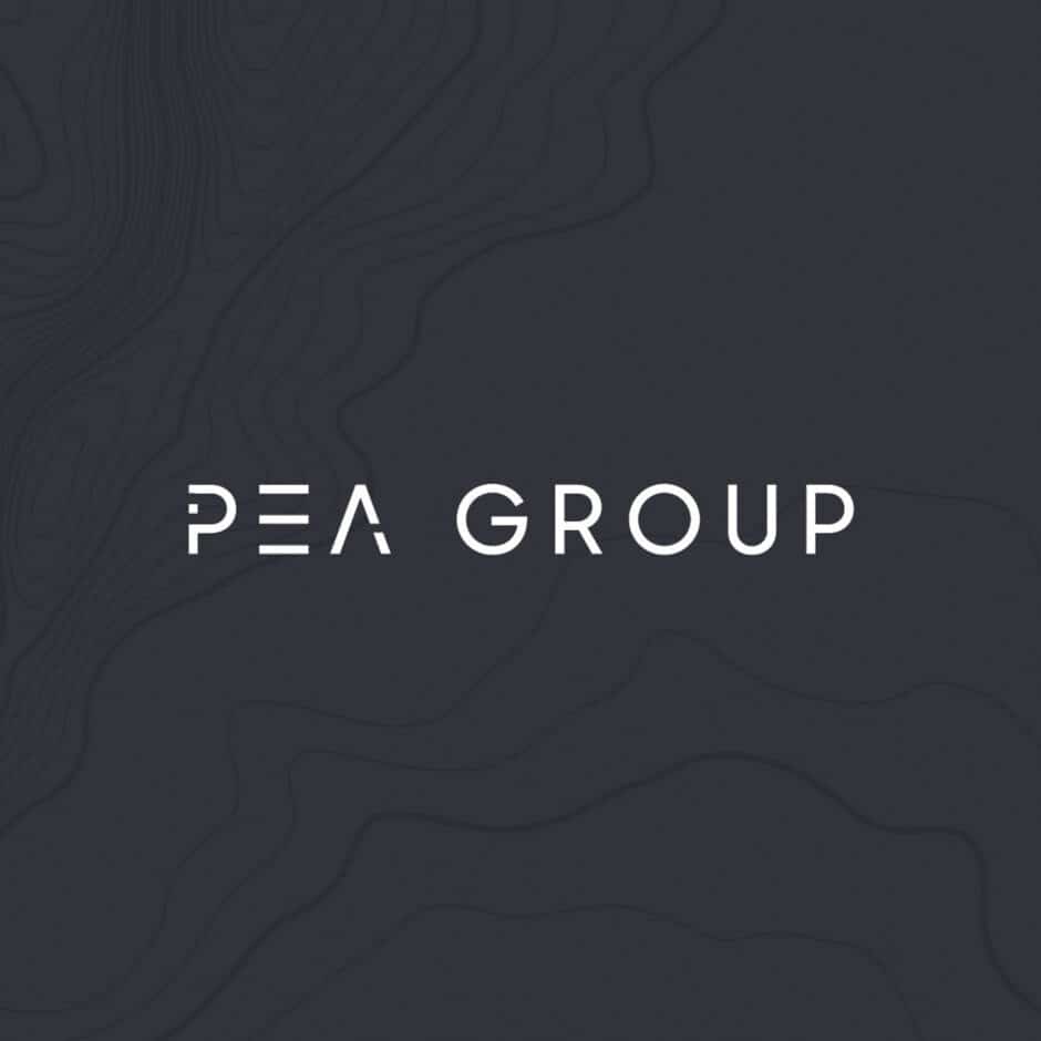 Dark gray background with subtle contour lines. White text in the center reads "PEA GROUP" in modern, geometric font, conveying a professional tone.