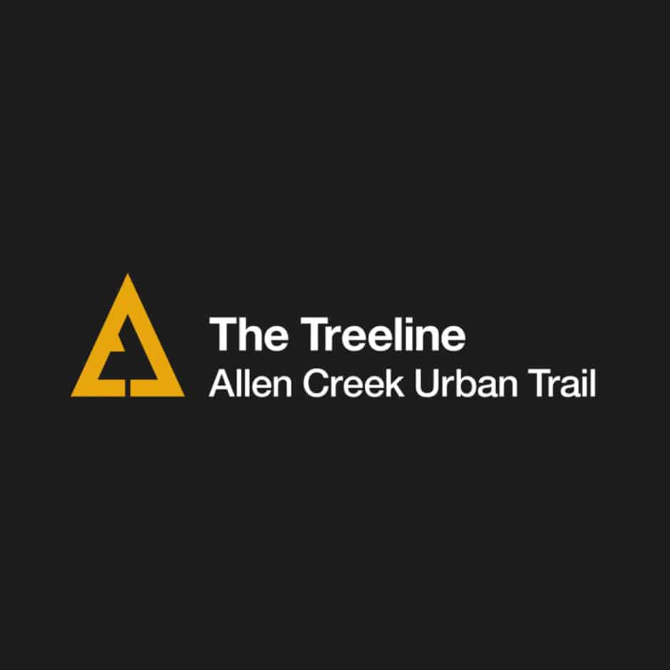 Yellow triangle with a stylized tree on the left. Text on the right reads "The Treeline Allen Creek Urban Trail" in white on a black background.