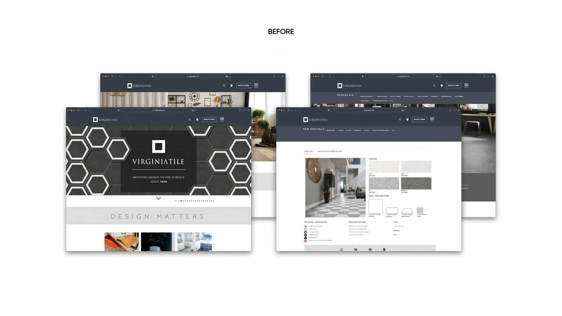 Four overlapping website screenshots with tile design themes, featuring hexagonal patterns and interior decor. The tone is sophisticated and modern.