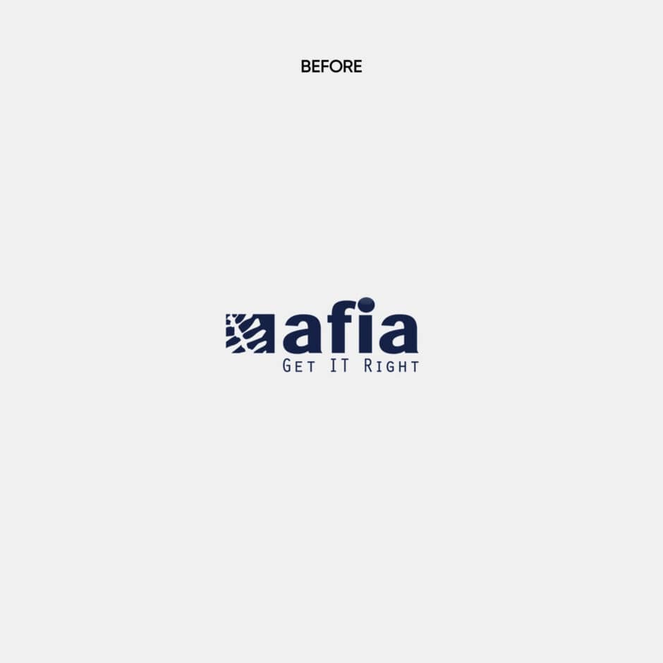 Logo with the word 'Before' above it. Below, a blue logo reads 'afia' with the slogan 'Get It Right' underneath on a white background.