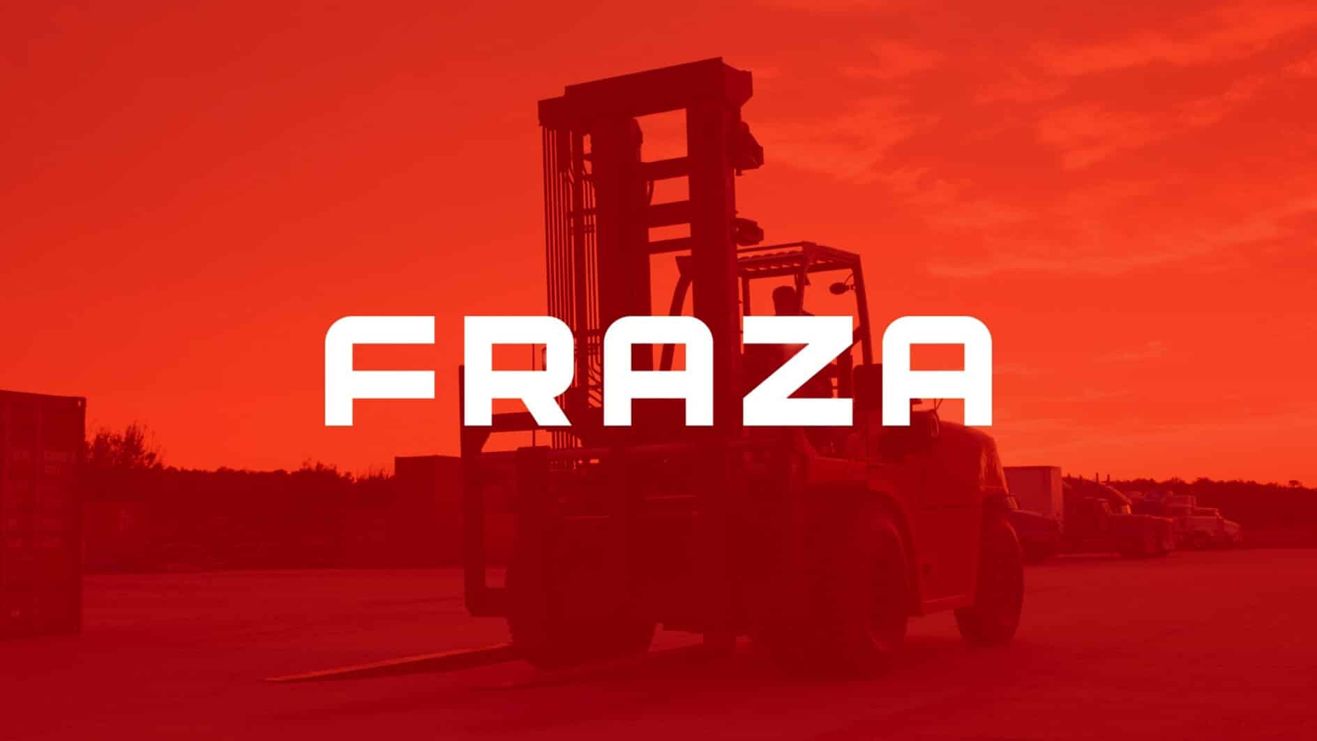 Red-toned image featuring a silhouette of a forklift on a clear evening. The bold, white text "FRAZA" is centered over the forklift, conveying a strong, industrial theme.
