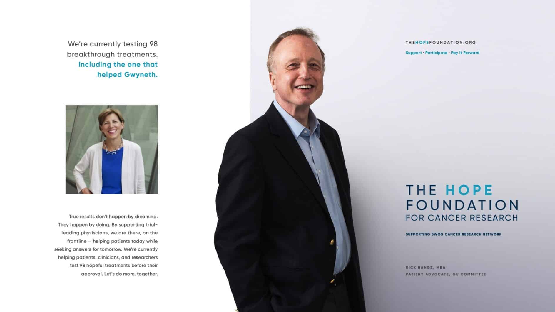 Smiling person in a suit stands beside text about cancer research. Left text includes a smiling woman in a blouse, discussing testing 98 treatments, including hers.