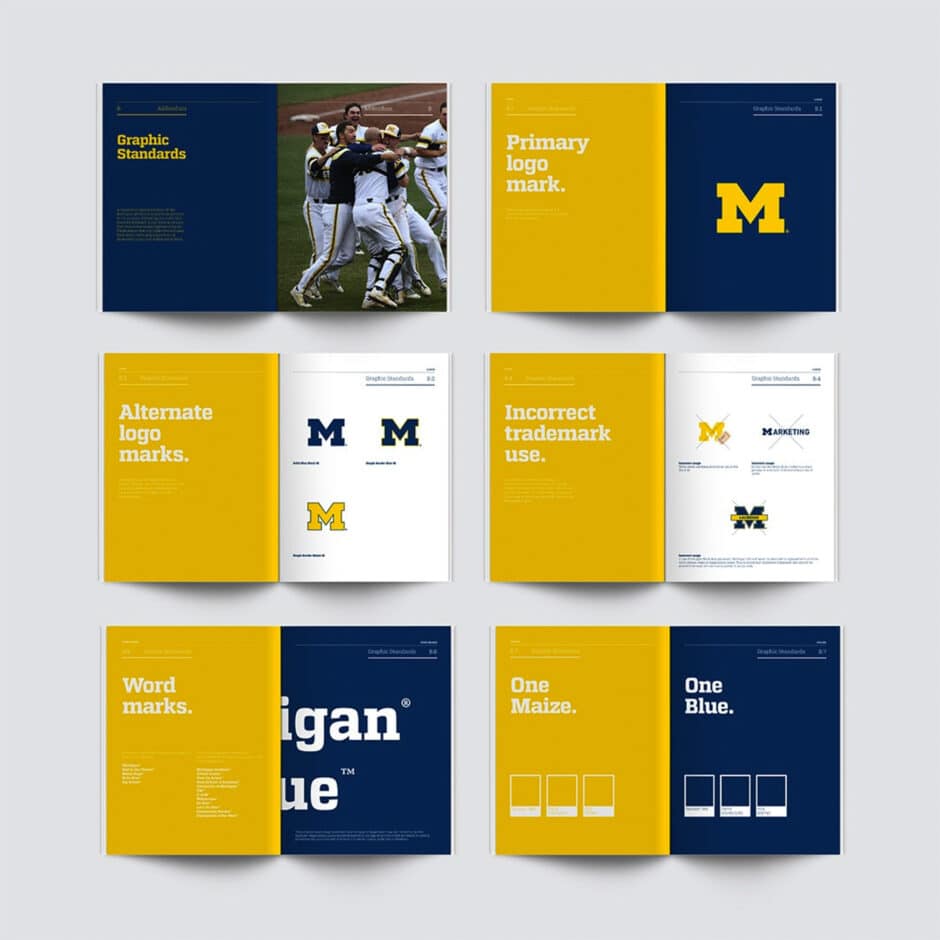 A grid of six pages from a brand guide features yellow and blue designs. Topics include logo use, word marks, and trademark guidelines.