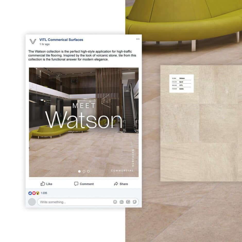 Facebook post shows modern lobby with beige tiled floor and lime green seating. Text reads, “Meet Watson.” Tiles have a sleek, elegant look.
