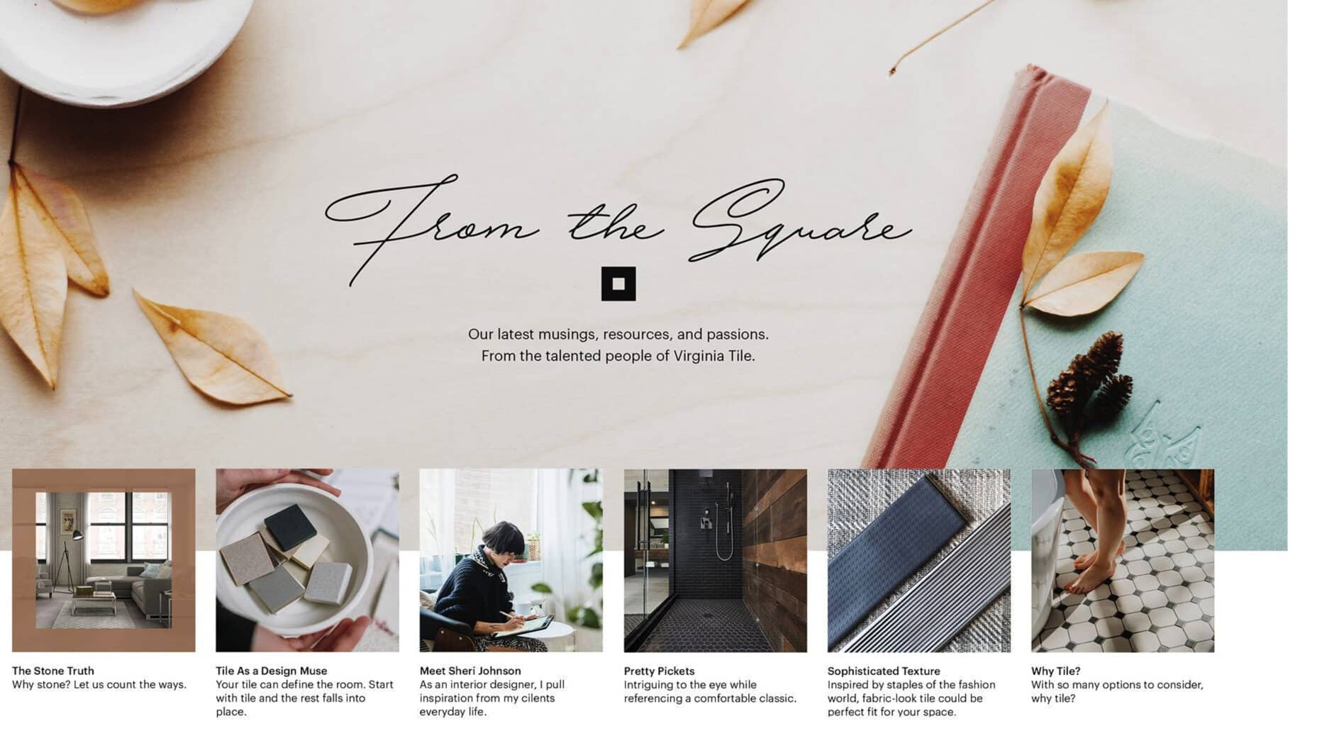 Stylish magazine layout with autumn leaves, decorative tiles, and text: "From the Square." Vibrant images showcase diverse tile designs and inspirations.