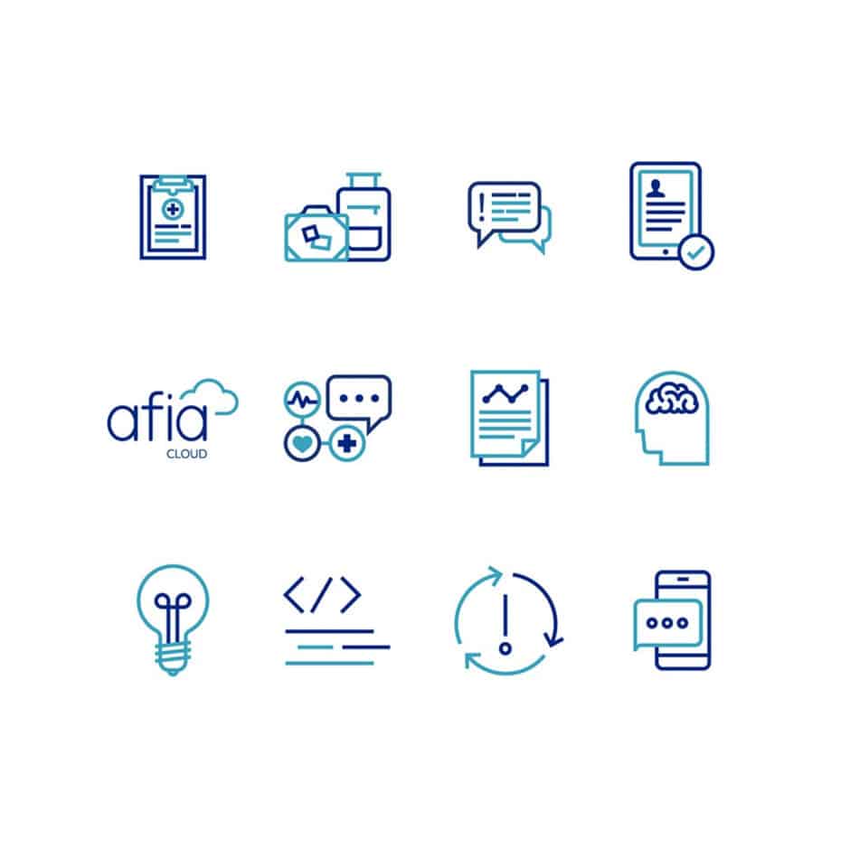 A grid of 12 blue and teal healthcare icons on a white background, including medical forms, communication bubbles, a brain outline, and a cloud-logo.