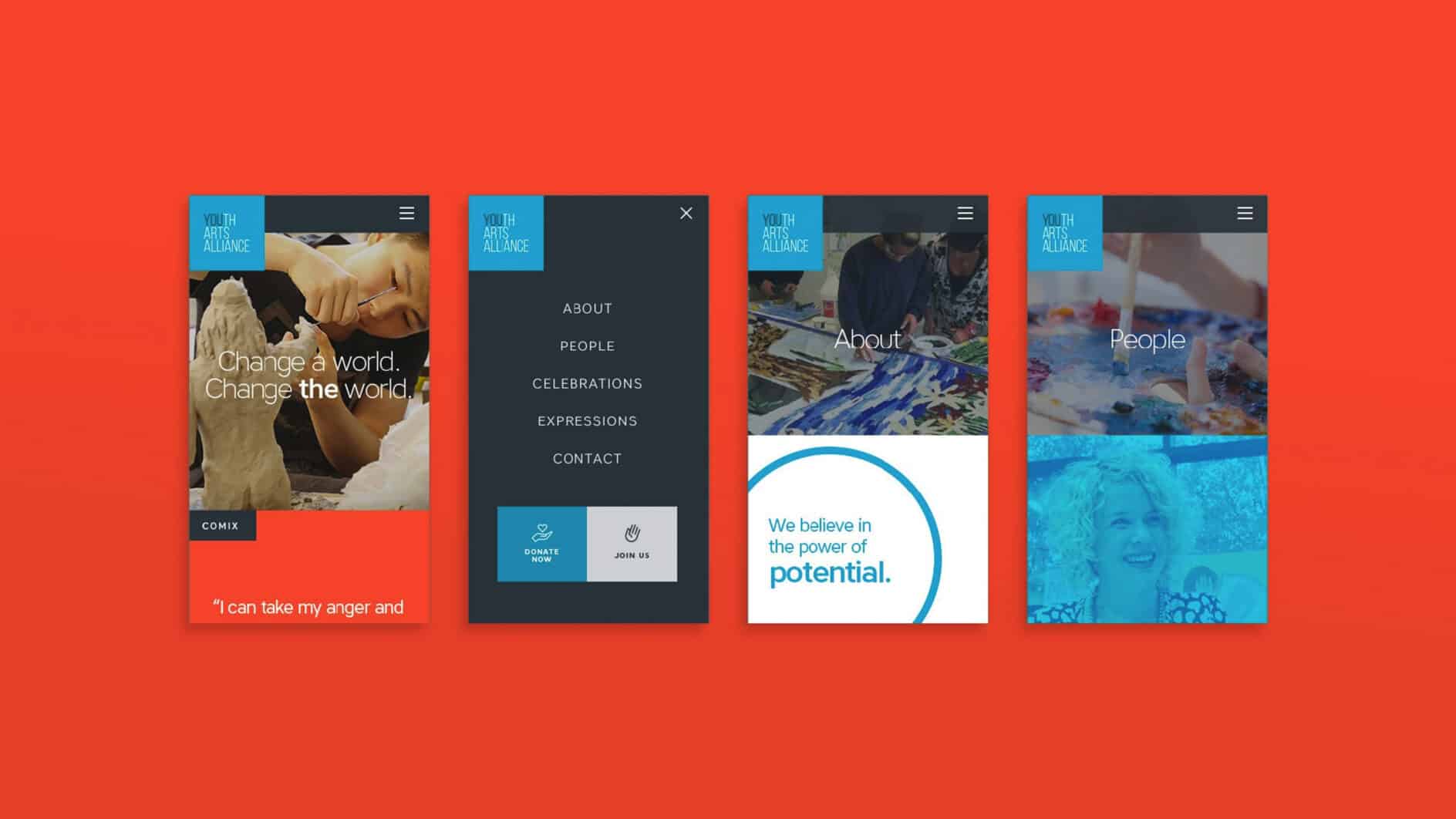 Four mobile app screens on a vibrant orange background show a creative arts website. Text emphasizes potential and change, conveying an inspiring tone.