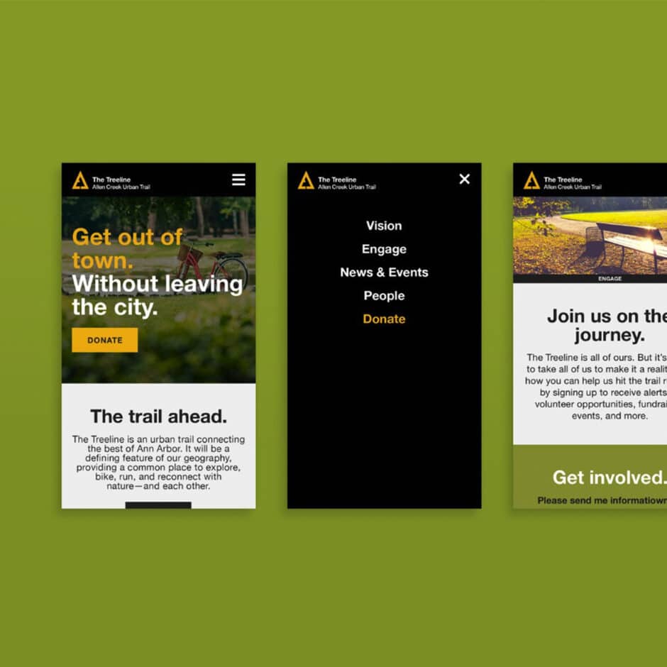Mobile app screens for "The Treeline." Left: Scenic trail photo, text "Get out of town" in yellow. Middle: Menu options on black. Right: Invitation to join the trail project.