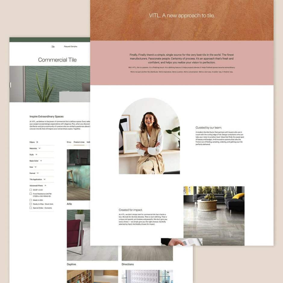 A webpage layout displays a modern tile design. The header reads "VITL: A new approach to tile." Imagery includes a smiling person sitting and interior tile samples. The tone is fresh and contemporary. Keywords: tile, modern, design, interior, contemporary.